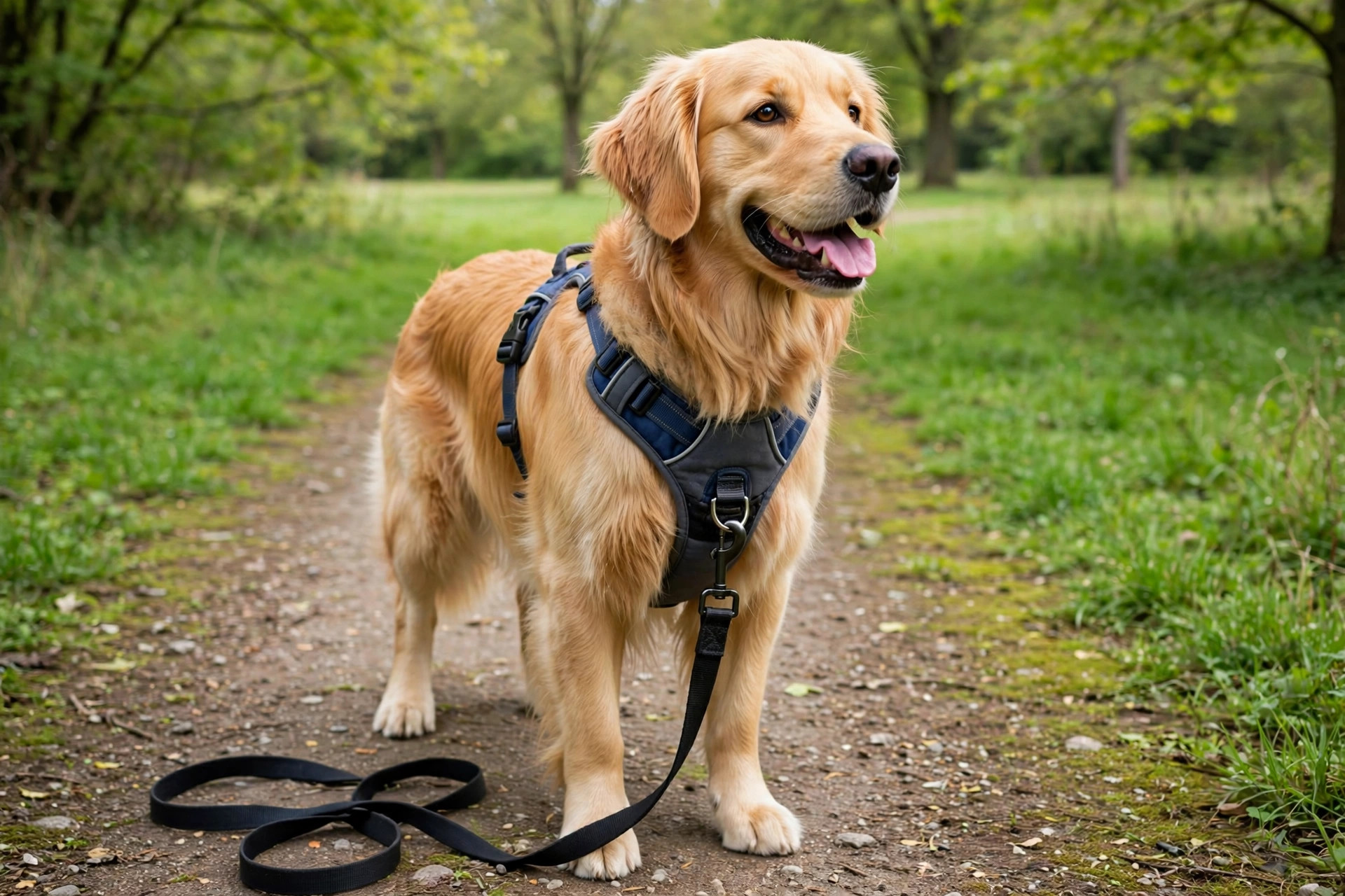 Golden retriever wearing a padded no-pull front-clip harness on a park path