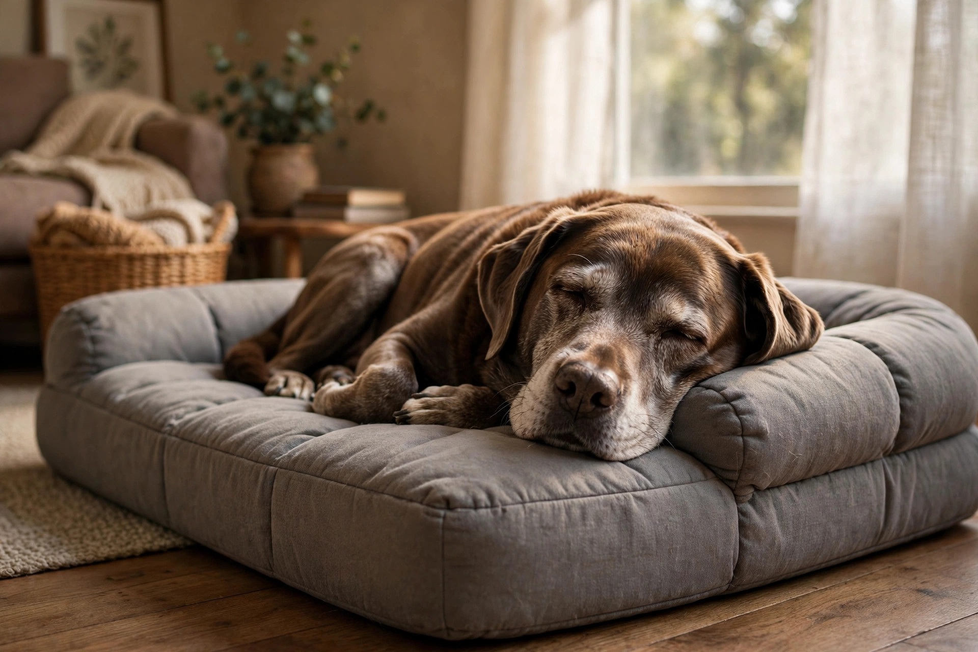 Senior labrador sleeping on a thick orthopedic memory foam dog bed with bolster sides